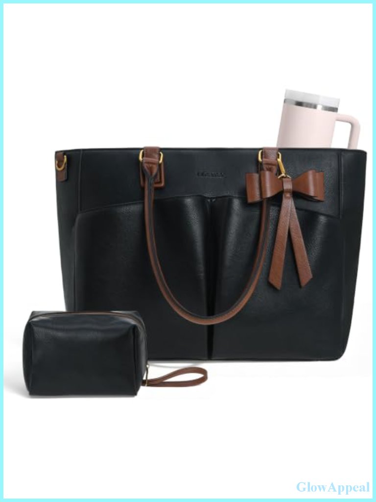 Leather Work Tote Bag For Women With Large Cup Holder Laptop Compartment